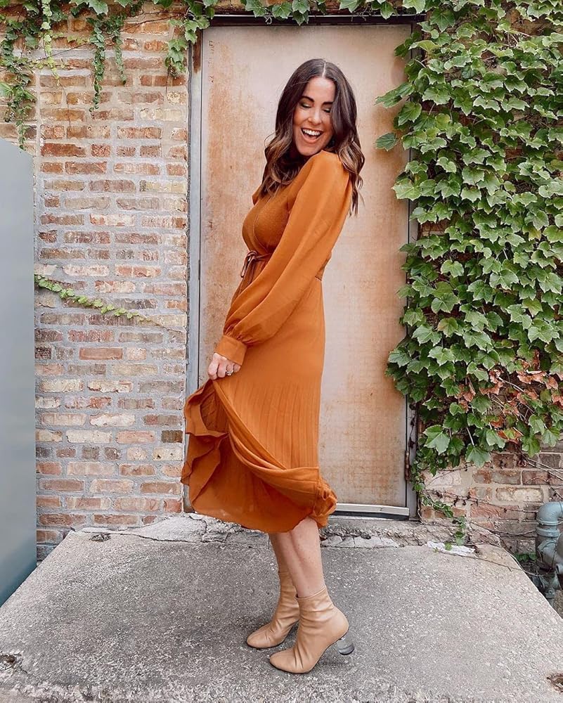 CHICWISH Women's Caramel Knit Spliced Self-Tie Pleated Wrap Midi CHICWISH Women's Caramel Knit Spliced Self-Tie Pleated Wrap Midi